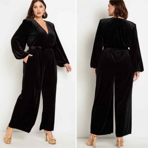 Eloquii Velvet Wide Leg Jumpsuit V-Neck Puff Sleeve Black Holiday 14 - Picture 3 of 12